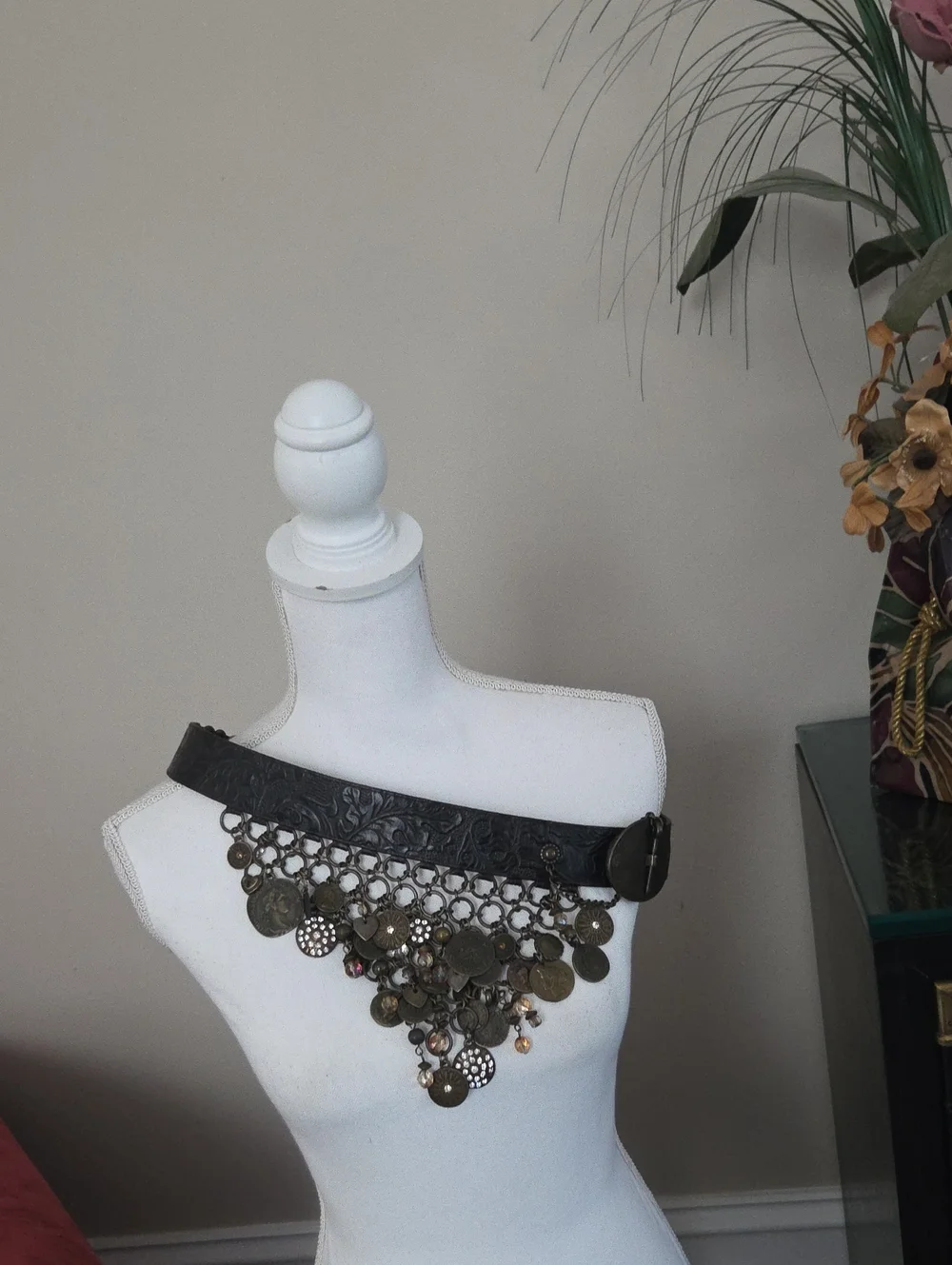 Suzi Roher Vintage Black Leather Belt with Antique Charms